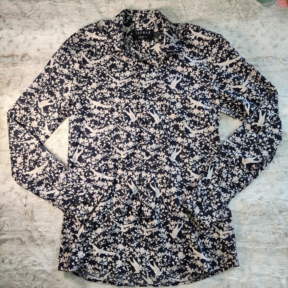 Topman Black and White Button Down Long Sleeve Shirt, Size Small